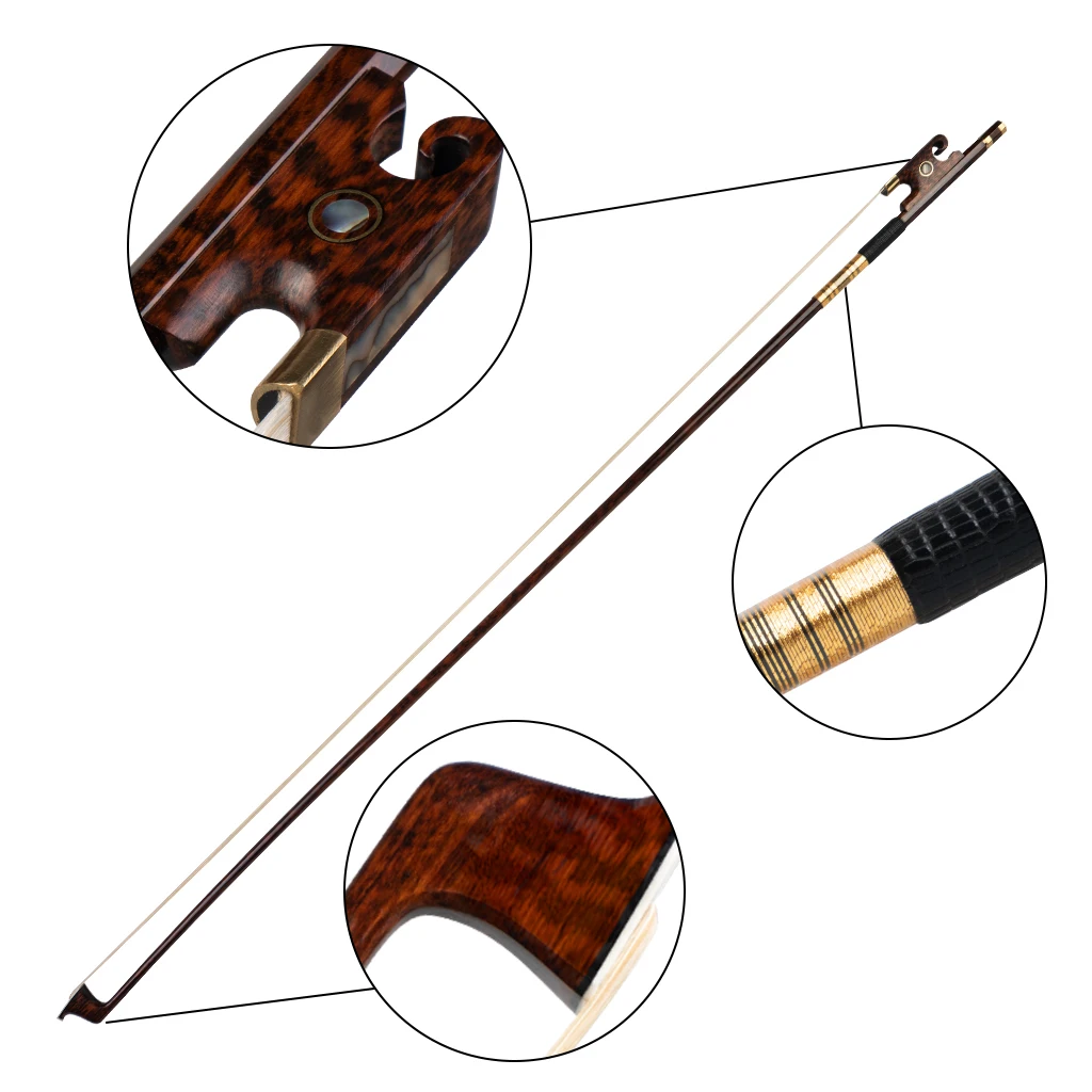 NAOMI Selected Snakewood Violin Bow Full Size Fiddle Bow W/ Snail Design Snakewood Frog Gold Mounted Violin Bow Straight Bow enlarge
