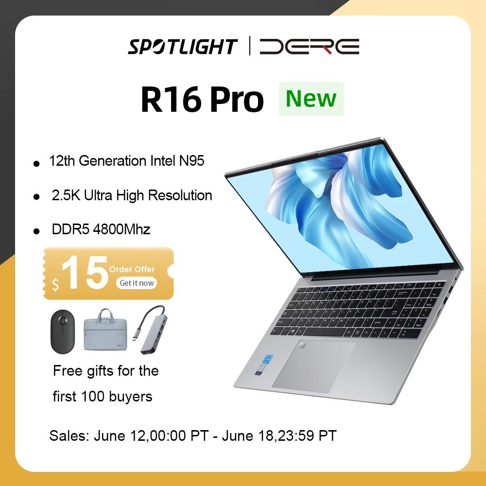 DERE Laptop 2023 New R16 Pro16-inch 2.5K IPS Full HD Intel N95 Processor 3.4GHz 12GB DDR5 RAM +512GB SSD Windows 11 Notebook