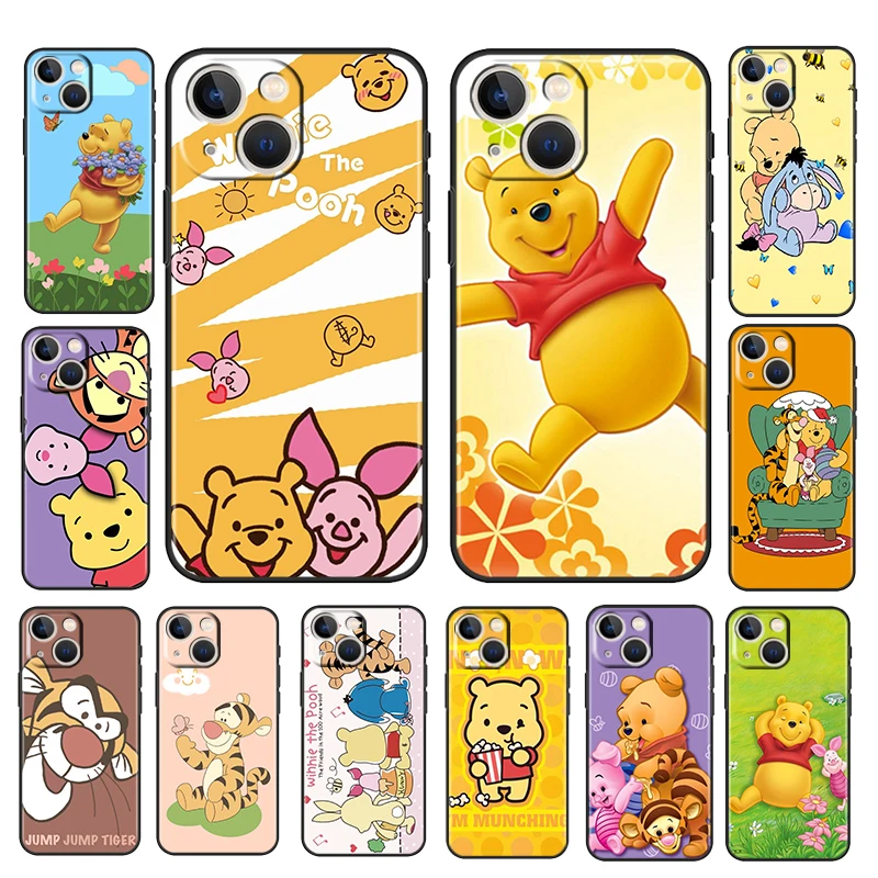 

Cartoon Pooh Bear Anime Black Phone Case For Apple iPhone 14 13 12 11 Pro Max Mini XS Max X XR 7 8 6 6S Plus 5S Soft Coque Cover