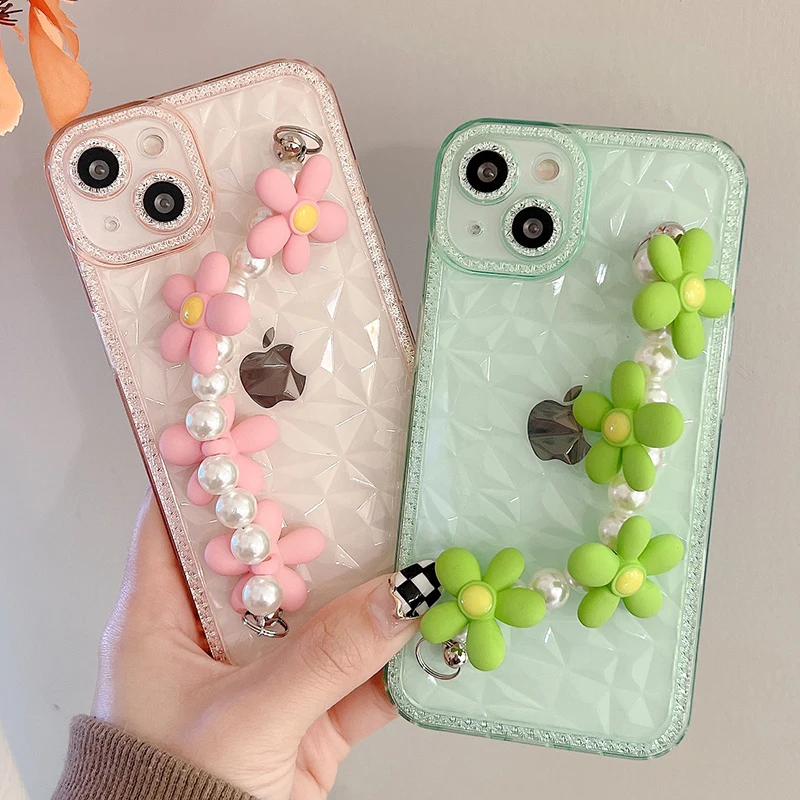 

Flash Diamond Diamond Clear Flower Bracelet Phone Case For iPhone 13 12 11 Pro Max SE 2020 XR XSMax 6 6s 7 8 Plus Soft TPU Cover
