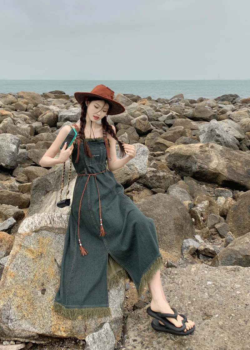 

Женское джинсовое платье без рукавов, элегантное однотонное винтажное длинное платье с зауженной талией, бахромой и вышивкой надписями, лето 2023