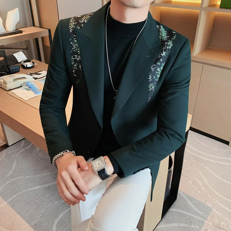 

2022 Man Blazer Fashion British Style Contrast Stitching Pattern Printing Slim Fit Casual Suit Coat Men Clothing Suit Jacket 3XL