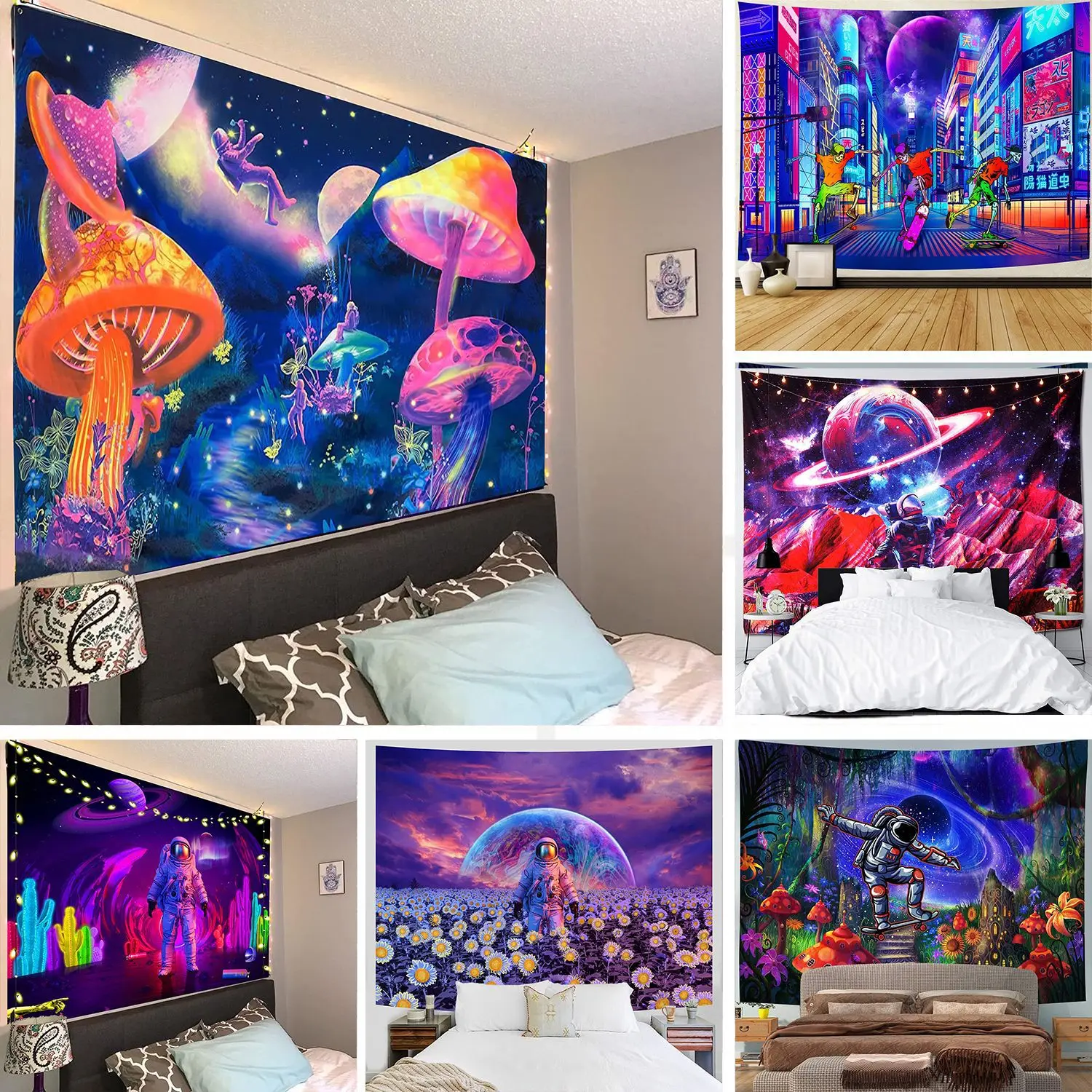 

Hot Selling Dormitory Wall Decoration Cloth Fluorescent Hanging Cloth Room Uv Reactive Background Cloth Tapestry Wall