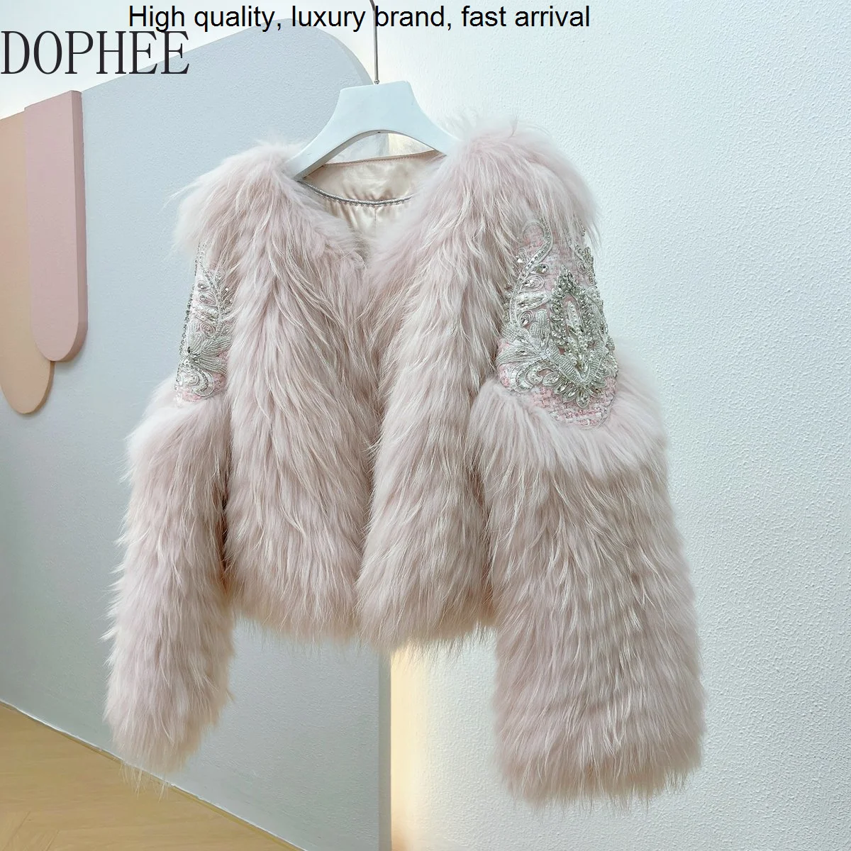 

Женская куртка с мехом енота, короткое пальто с длинными рукавами и бисером, модное молодежное теплое меховое пальто, новинка 2023