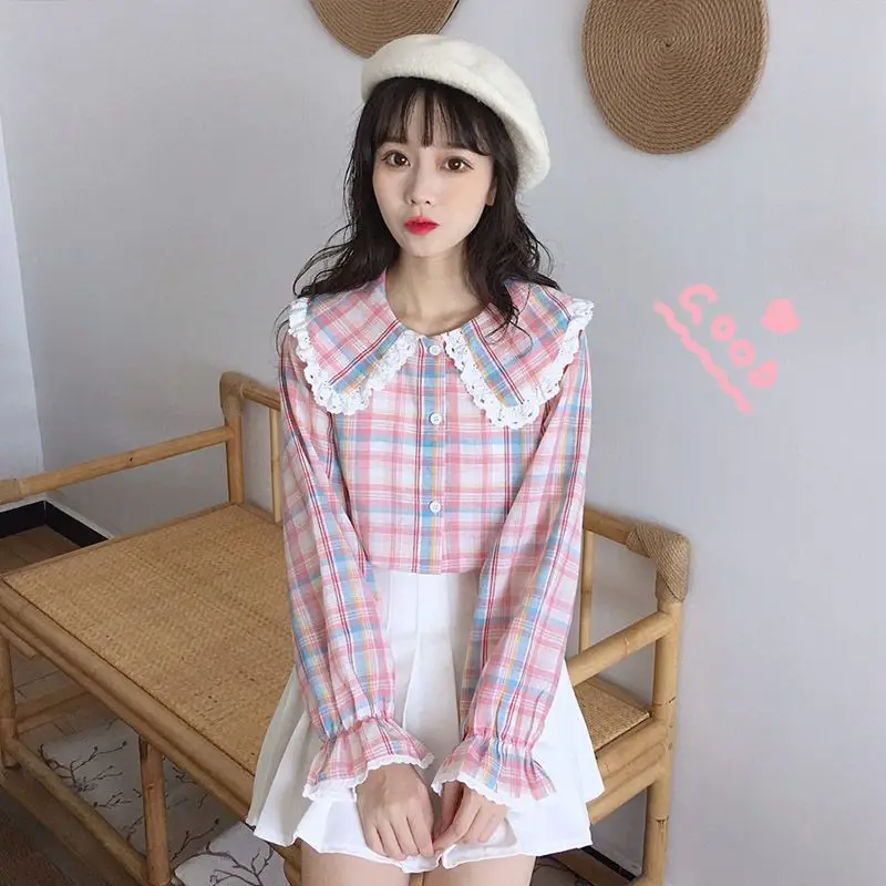 Японская хлопково-льняная клетчатая рубашка с длинными рукавами для женщин