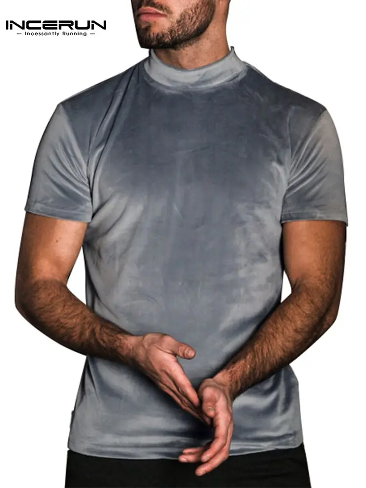

INCERUN 2022 Men T Shirt Solid Color Short Sleeve Turtleneck Streetwear Casual Men Clothing Velour Fitness Leisure Camisetas 5XL