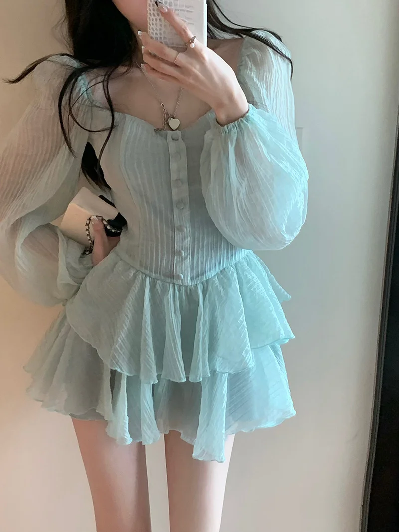 

Gentle wind bubble sleeve dress women's summer 2022 new sweet spice girl with thin waist and puffy cake short skirt