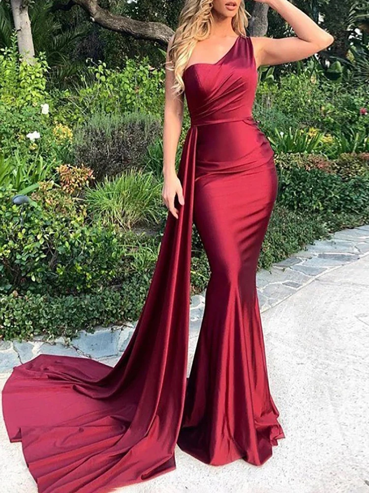

Omen's Evening Party Dresses One Shoulder Padded Sexy Satin Maxi Dress WGown with Ribbon Royal Blue Green Draped Long Dress