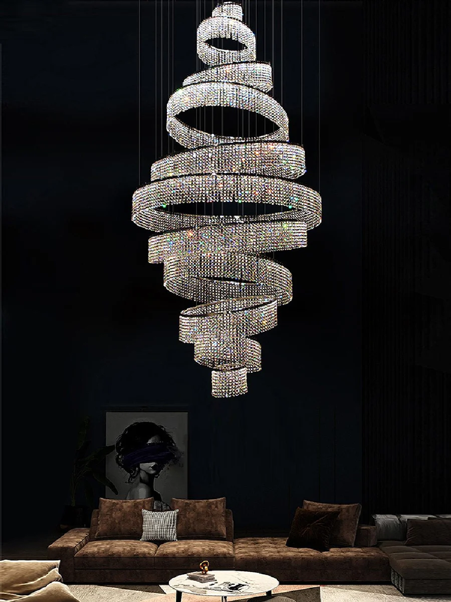 

Luxury Duplex Crystal Chandeliers Staircase Chandeliers Ring Cristal Lustre Hotel Villa Loft Stair Decor Lobby Large Drop Lights