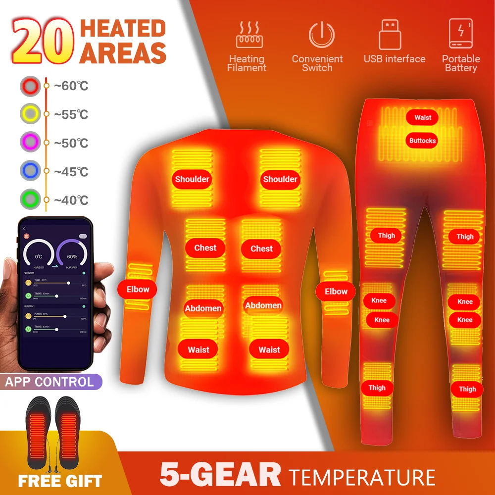 

Heated Underwear Motorcycle Jacket Suits 20 Areas Heated Smart Phone APP Control Temperature USB Battery Powered Underwear