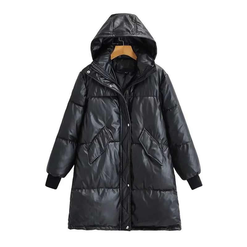 Ladies Thicken Fashion Hooded Leather Coat 2022 Winter New Fashion Hooded Warm Zipper Single Breasted PU Leather Mid-length Coat