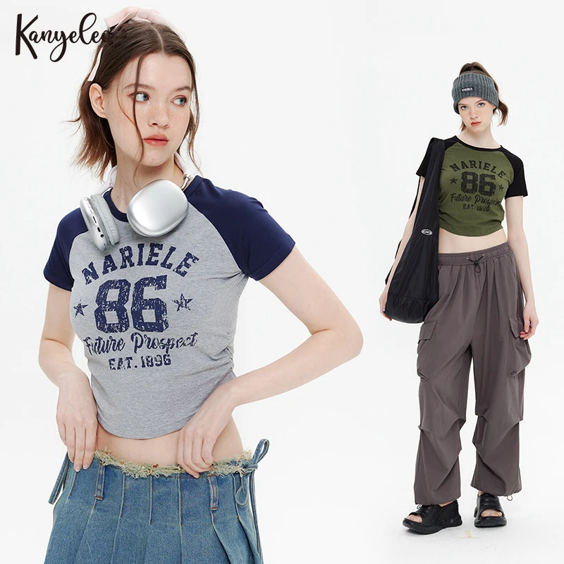 

KANYELEO Y2K стильная острая футболка с боковой усадкой, женские тонкие короткие рубашки с коротким рукавом и принтом, на весну/лето