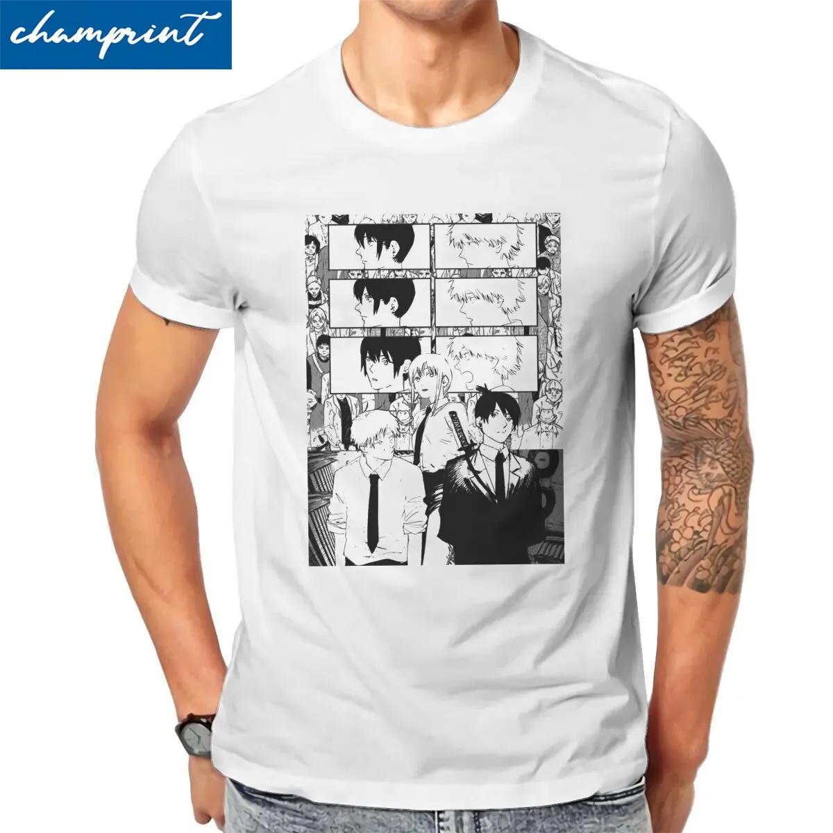 

Men T-Shirt Makima Aki and Denji Funny Pure Cotton Tees Short Sleeve Chainsaw Man Anime T Shirt Round Collar Clothes Plus Size