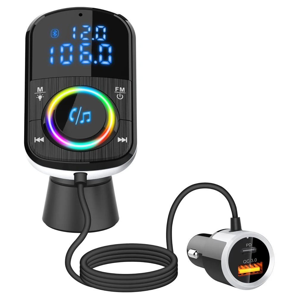 

BC71 Car FM Transmitter Car Charger Bluetooth 5.0 QC 3.0 Fast Charge PD Car Charger MP3 Music Player Ambient Light TF Card