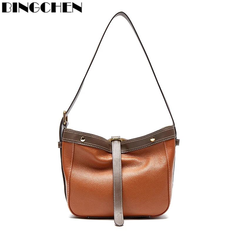 BINGCHEN 2022 Women's Bag Large Capacity Shoulder Bags High Quality Leather Cowhide Handbags and Purse Female Retro Tote Bags
