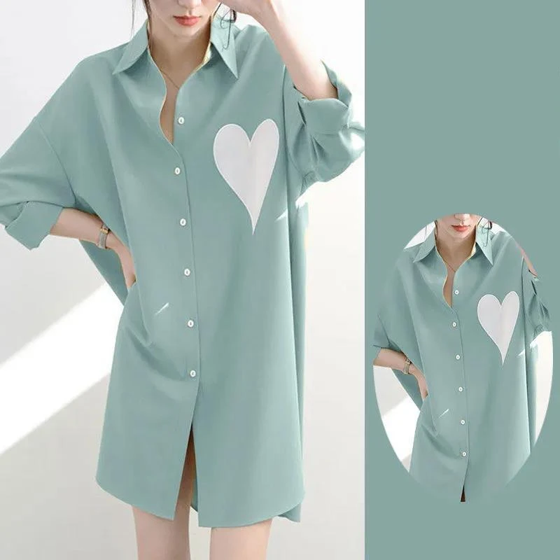 

New Solid Women Blouse 2023 Long Sleeve Cotton Heart Printed Blouse Lady Casual Button Design Turn Down Collar Female Shirt A608
