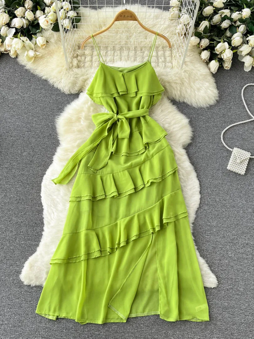 

Sexy Women Green Summer Spaghetti Strap Chiffon Dress Elegant Sash Lace-up Sleeveless Backless Ruffles Boho Beach Holidays Dress