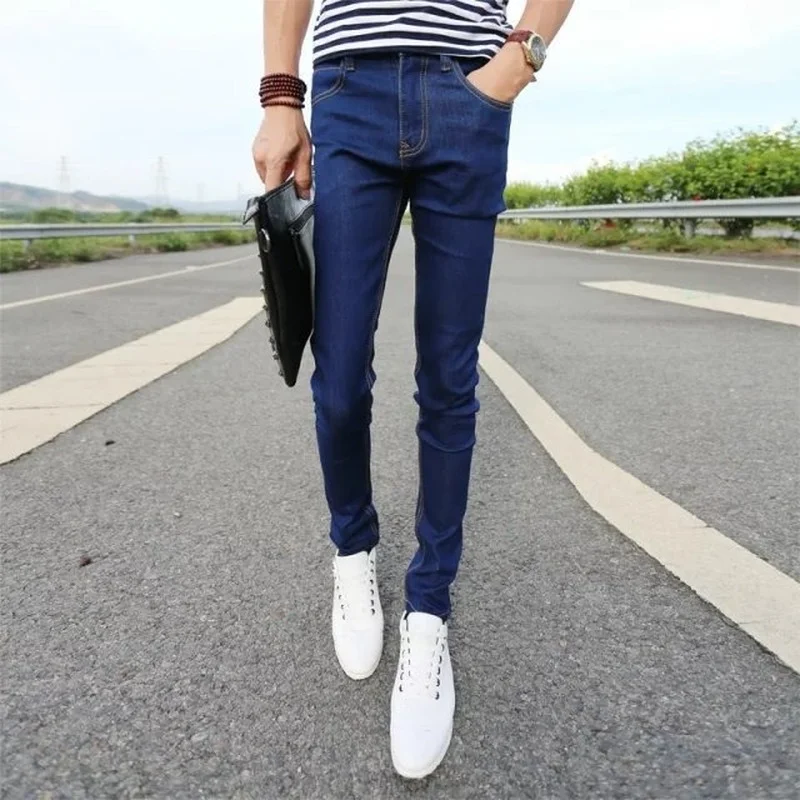 Korean Style Jeans Men Jeans Spring and Summer Solid Color Slim Jeans Men's Pocket Button Mid-Waist Denim Pencil Pants Trousers