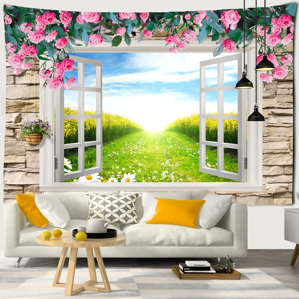 

3D window Garden flowers scenery tapestry wall hanging hippie bohemian style decoration tapestry bedroom dormitory wall tapestry