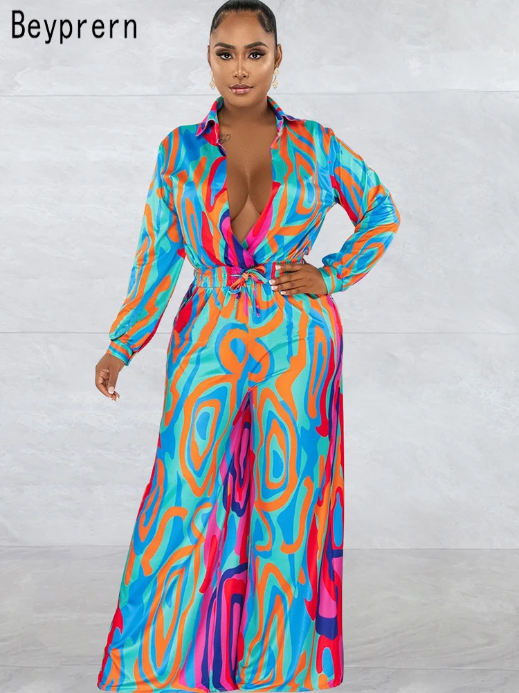

Beyprern Elegant Geometric Print Deep V Neck Jumpsuit Women Rompers Fashion Long Sleeve Drawstring Wide-Legs Jumpsuits Clubwear