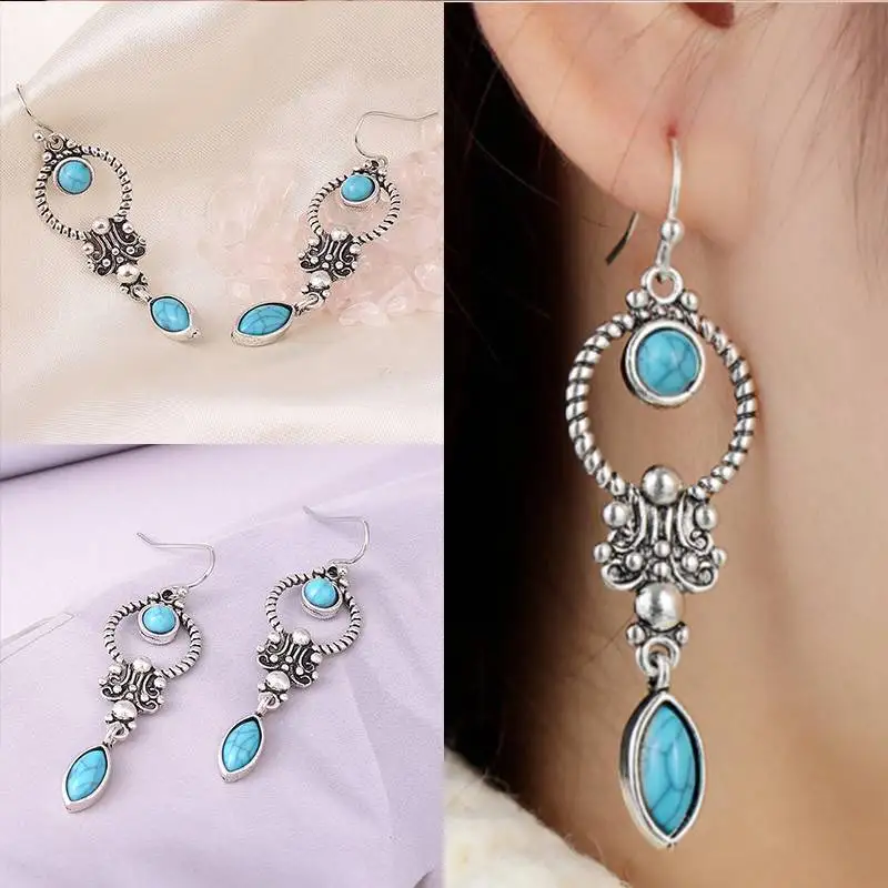 

Drop-shaped Fashion Hook Earrings Dangle Turquoise Ethnic style Silver Jewellery