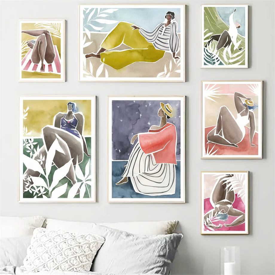 

Boho Beach Woman Modern Abstract Bathroom Wall Art Canvas Painting Nordic Posters And Prints Wall Pictures For Living Room Decor