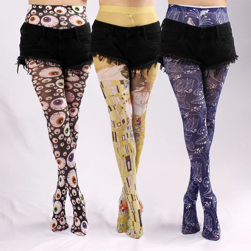 

Evil Eyes Tight women 2023 Spring New Women Sheer Sexy Tattoo Printed Pantyhose Tights Stockings Anti-Hook Medias De Mujer