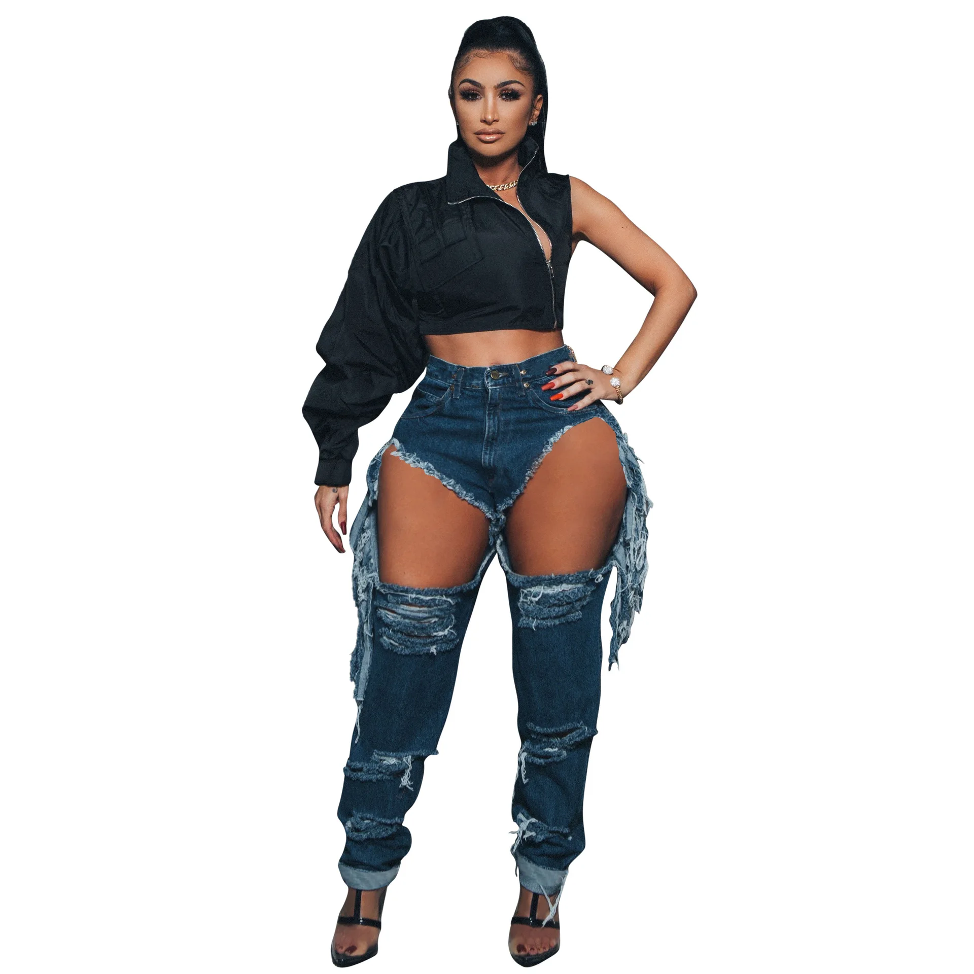 Sexy Ripped Holes Fringe Jeans Womens Fashion Streetwear High Waist Washed Distressed Straight Tassel Denim Pants Trousers indie