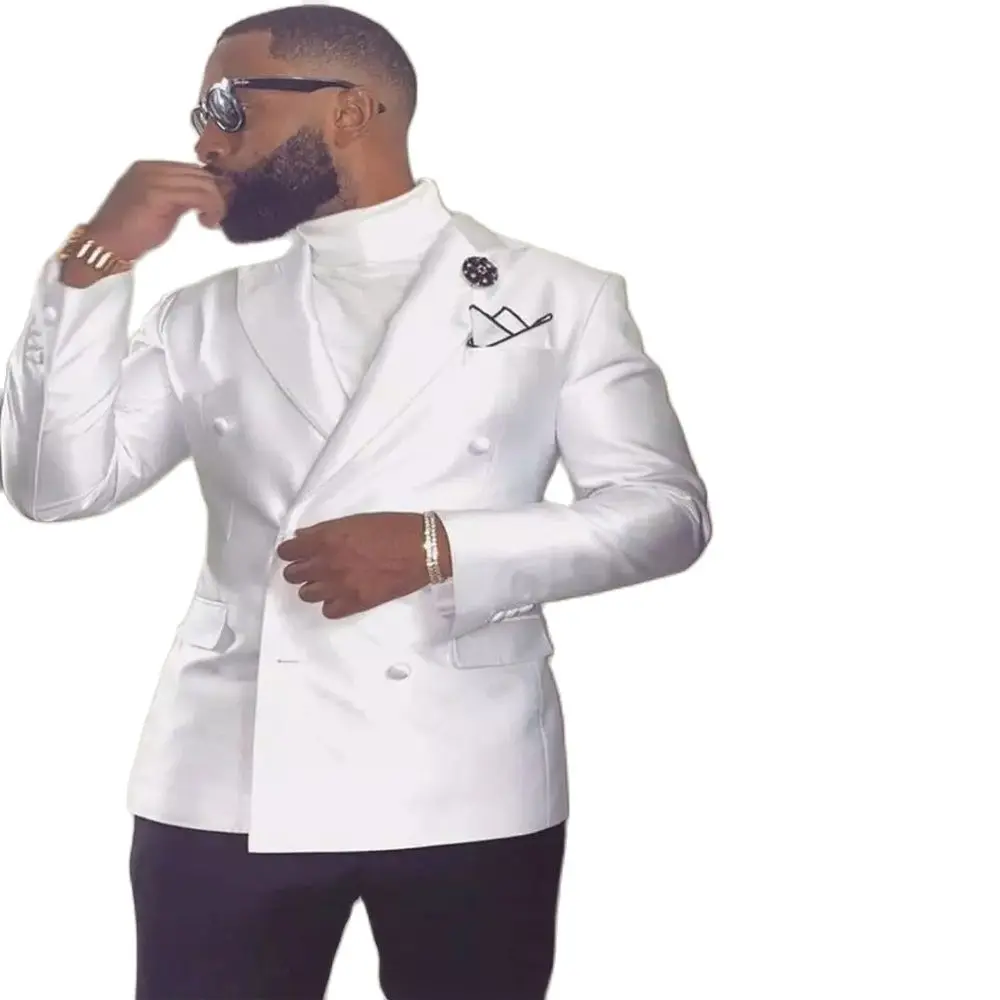 

VEIAI White Jacket Black Pant Costume Homme Men Wedding Suit Slim Fit 2 Pieces Double Breasted Tuxedo Groom Prom Blazer Masculin