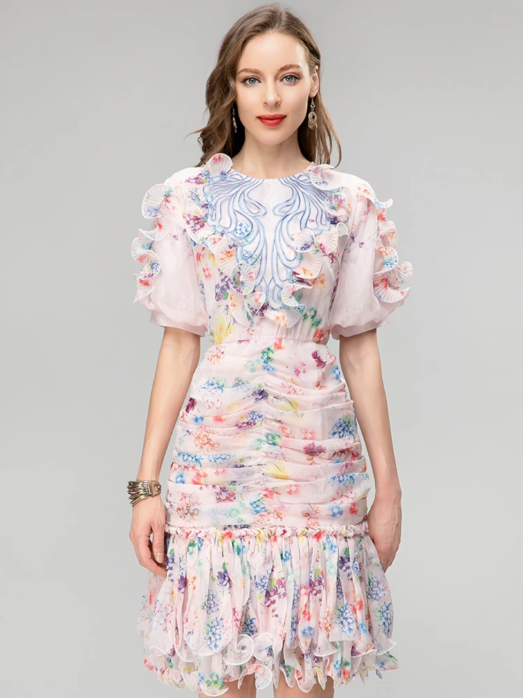 

MoaaYina Fashion Designer dress Summer Women's Dress Sexy O-Neck Short Sleeve Flower Printing Ruffle Dresses