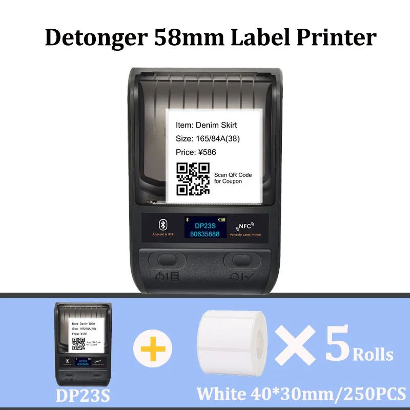 

DP23 Bluetooth Printer With 5 Rolls Sticker 58mm Mini Portable Printer 30-60mm BT For iOS Android Barcode Label Sticker Maker