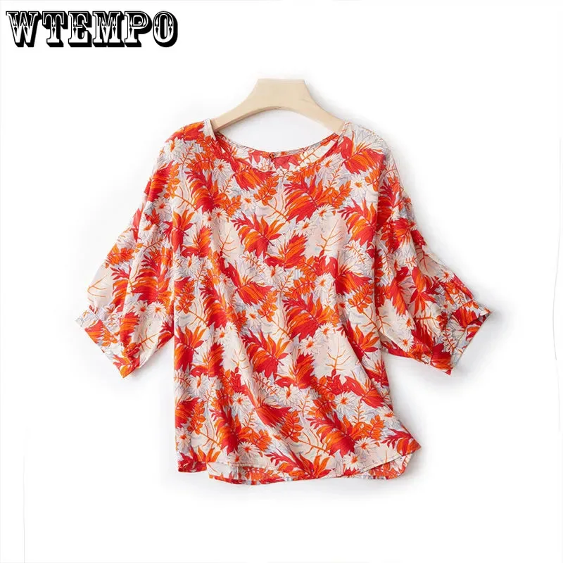 Floral Chiffon Shirt O Neck Half Sleeves Tshirt Summer Blouses Causal Loose Flower Printing Shirts Women Blouse Red Shirt