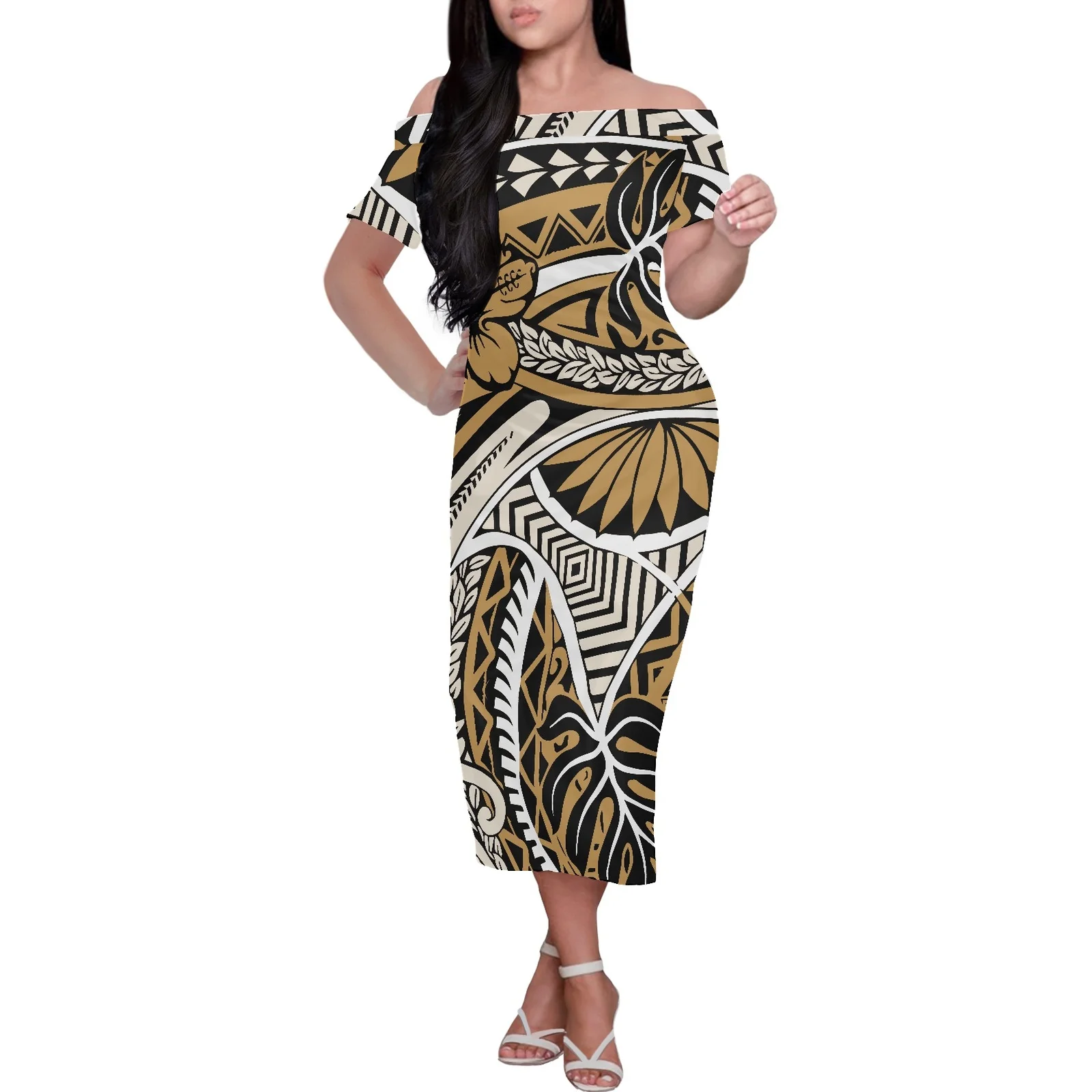 

Hawaiian Style Summer Sexy Short Sleeve Close-Fitting Off Shoulder Dress Polynesian Tribal Print Feasts Occasions Maxi Dress