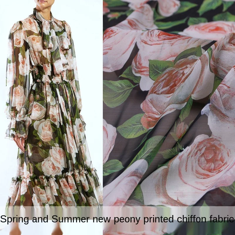 

Пионовые розы шифон полиэстер печатная ткань для платья итальянского бренда тонкая одежда Сделай Сам рубашка ткань для шитья двора материа...