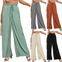 2022 summer new womens high waist casual trousers solid color elastic waist tie loose wide pants