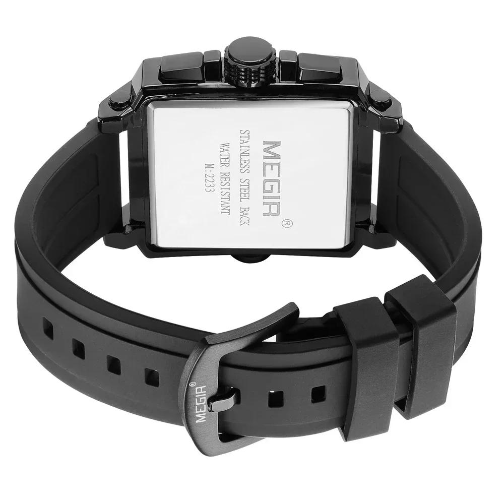 MEGIR черный квадратный циферблат модные мужские кварцевые часы с хронографом