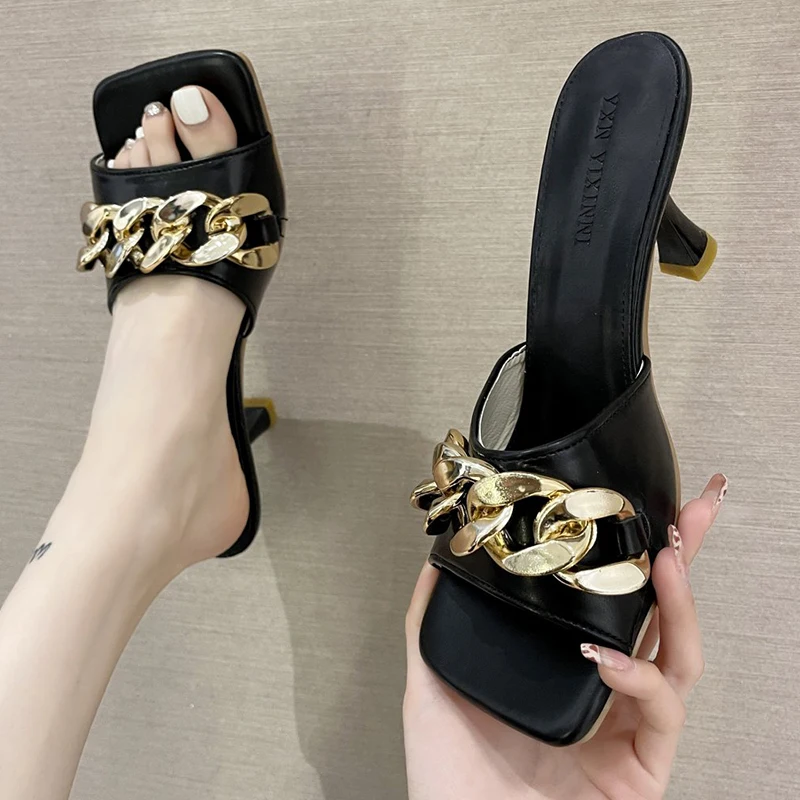 

Босоножки женские с открытым носком, Модные Дизайнерские однотонные Туфли на каблуке-шпильке с цепочкой, Роскошные туфли с квадратным носк...