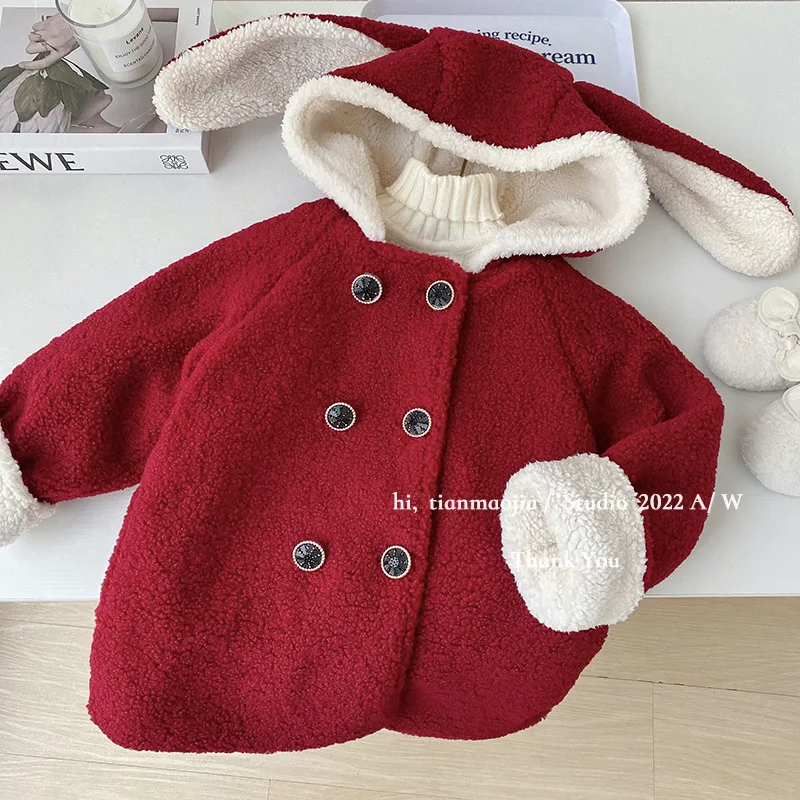 

Осенне-зимняя одежда для девочек, пальто из берберского флиса, новинка, детский топ в западном стиле с кроличьими ушками, плотное Детское пальто с флисовой подкладкой