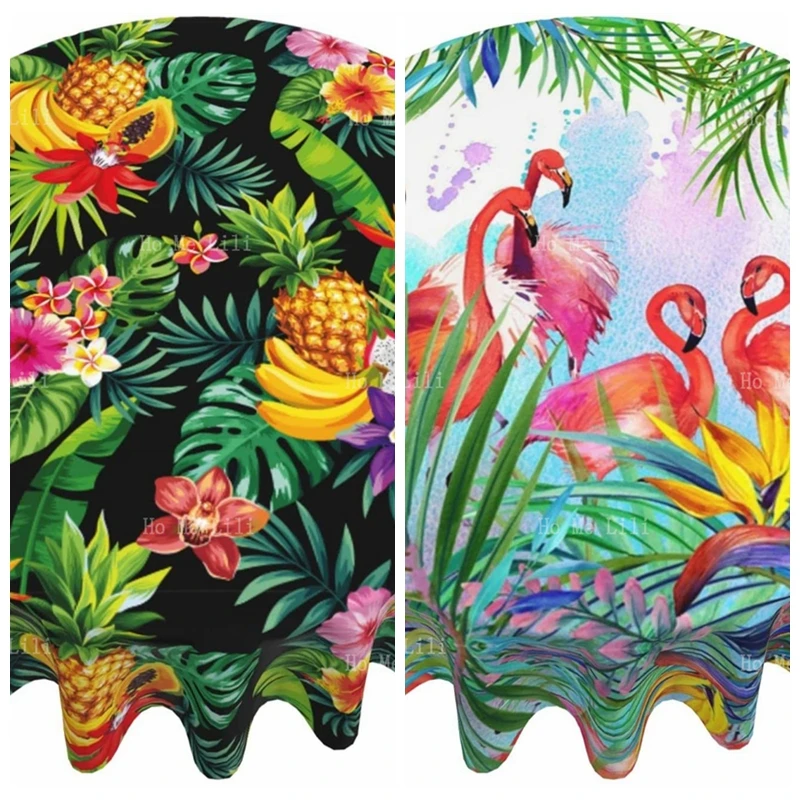 Painted Flamingo Tropical Fruit Pineapple Palm Leaves And Flowers Polyester Round Tablecloth Decorative Table Cover Waterproof