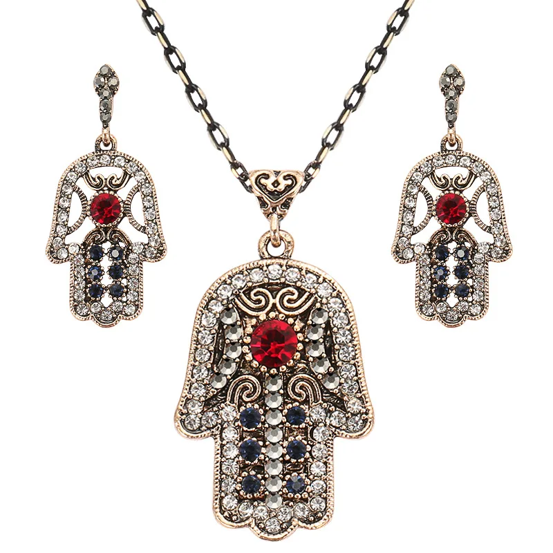 

Bohemian Retro Necklace ladies Earrings Set Turkey Fatima Palm pendant Crystal Flower Jewelry Ethiopian women necklace