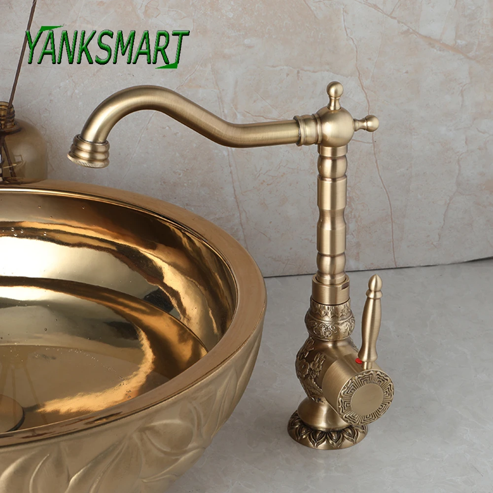 

YANKSMART Antique Brass Bathroom Faucet Basin Carving 360 Rotation Single Handle Washbasin Faucets Vessel Sink Mixer Water Tap