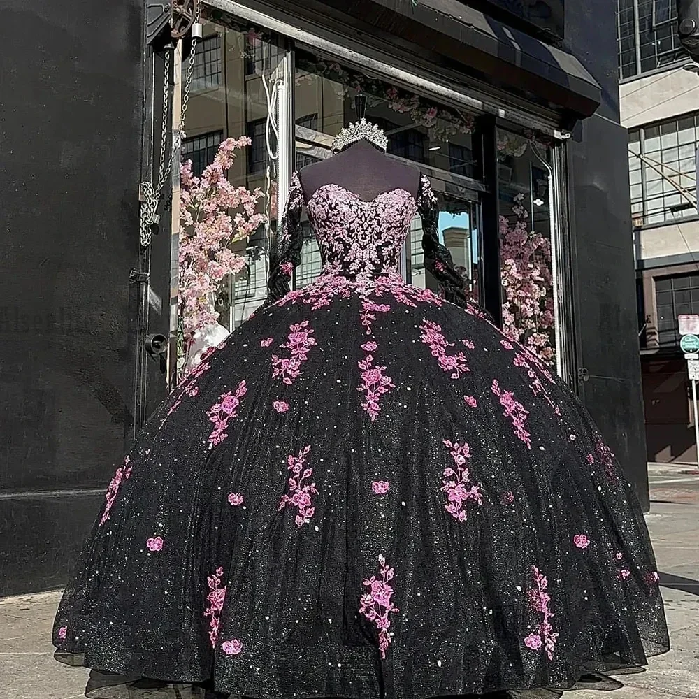 

ANGELSRIDEP Black Sweetheart Ball Gown Quinceanera Dresses Glitter Tulle Lace 15 Party Pageant Birthday Party Gowns Corset Back