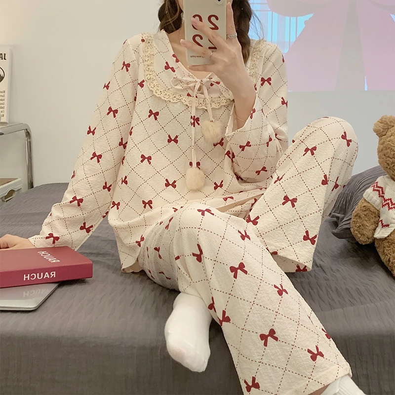 CAIYIER 2022 Winter Women's Peach Sleepwear Medieval Flare Sleeve Casual Nightwear Loungewear Girls Korean Ruffle Pajamas Set