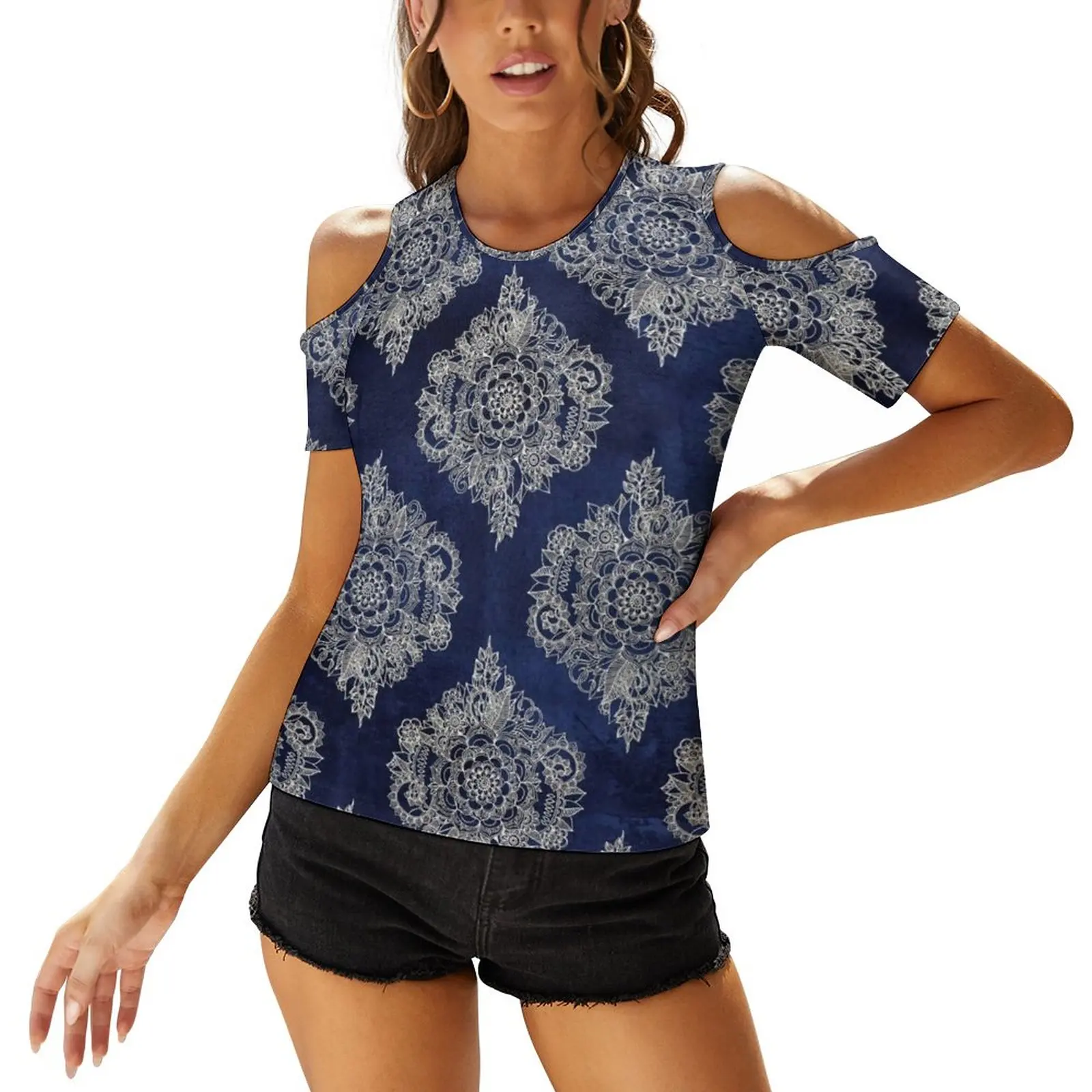 

Vintage Mandala Tee Shirt Cream Floral Moroccan Off The Shoulder Trendy Pattern Womens T Shirt Street Style U Neck Tshirt