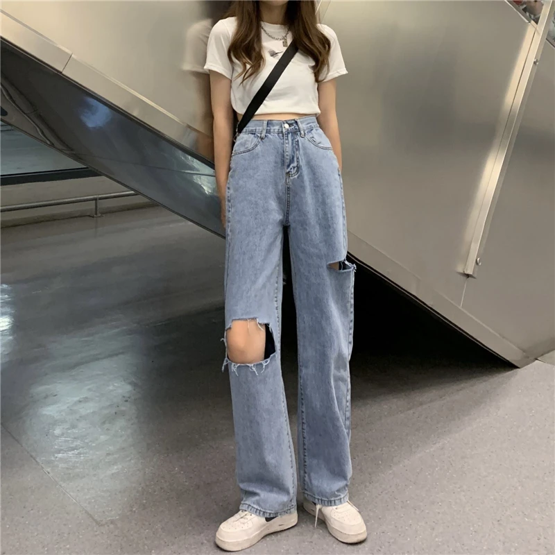 N1476  Light-colored ripped jeans women's summer 2022 new mopping pants wide-leg loose straight pants jeans
