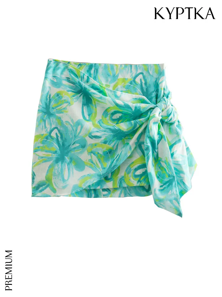 

KYPTKA Women Fashion With Bow Tied Printed Wrap Mini Skirt Vintage High Waist Side Zipper Female Skirts Mujer