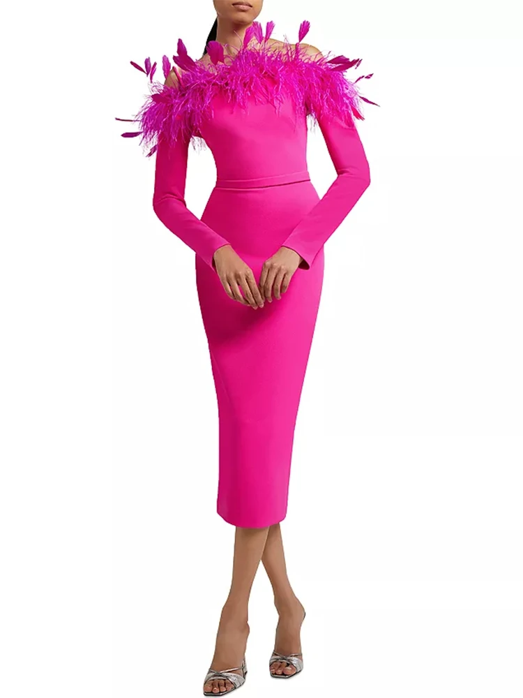 

2023 New Summer Women's Sexy Long Sleeve Off Shoulder Feather Pink Midi J Tight Bandage Dress Elegant Evening Dress