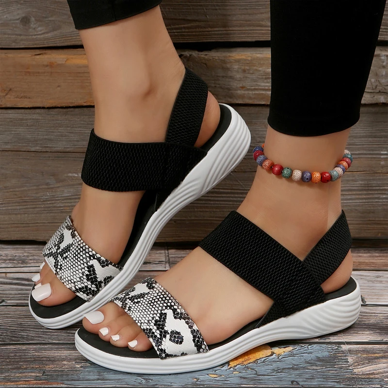 Casual Snake Print Elastic Band Sandals Woman Comfy Slip-on Thick Sole Sport Sandalias Ladies Fashion Houndstooth Summer Shoes