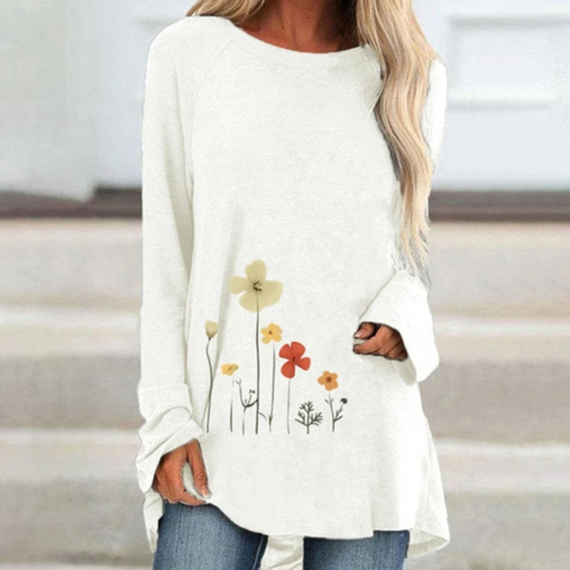 

New Fashion Irregular Hem T-shirt For Women Floral Print Ladies Tops Long Sleeve Round Neck Loose Casual T-shirt For Ladies
