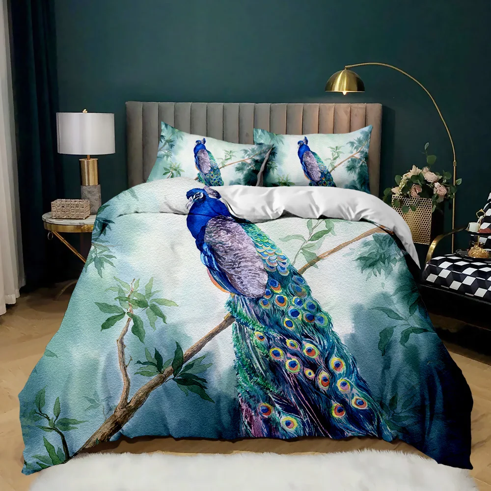 

Peacock Duvet Cover Set Elegant Gorgeous Blue Feather Comforter Cover Girls Women Pink Flower Birds Animal Polyester Qulit Cover